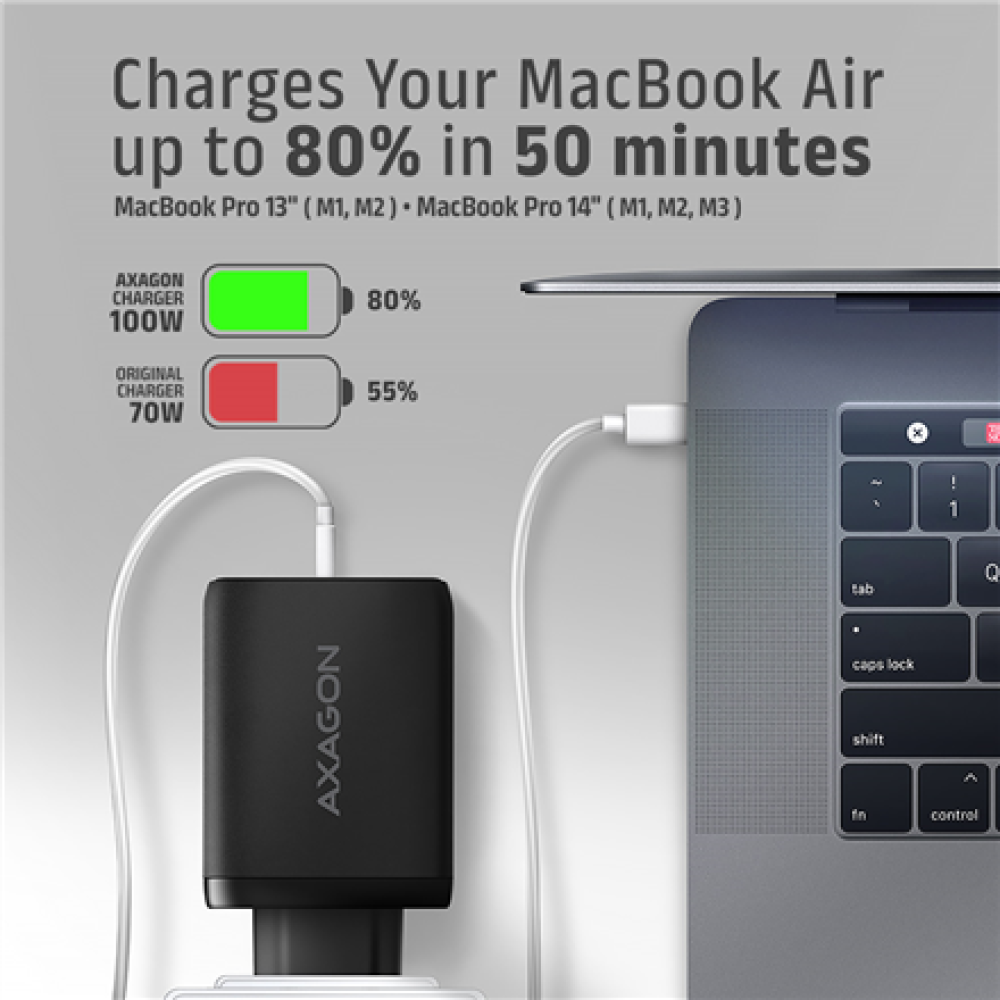 AXAGON GaN wallcharger, 3x port (USB-A + 2x USB-C), PD3.0/PPS/QC4+/SFC2.0/AFC/SCP/FCP/Apple, 100W , ACU-DPQ100