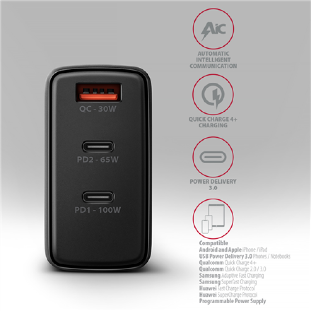 AXAGON GaN wallcharger, 3x port (USB-A + 2x USB-C), PD3.0/PPS/QC4+/SFC2.0/AFC/SCP/FCP/Apple, 100W , ACU-DPQ100