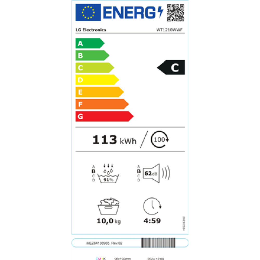LG Washing machine with dryer , WT1210WWF , Energy efficiency class A , Front loading , Washing capacity 12 kg , Depth 66 cm , 1400 RPM , Width 60 cm , Display , LED , Drying capacity 10 kg , Drying system , Steam function , Direct drive , White