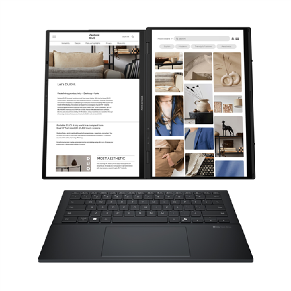 Asus Zenbook Duo UX8406CA-PZ068X , Basalt Gray , 14 , OLED , Touchscreen , 3K , 2880 x 1800 pixels , Glossy , Intel Core Ultra 9 , 285H , 32 GB , LPDDR5X , Solid-state drive capacity 2000 GB , Intel Arc Graphics , Windows 11 Pro , 802.11be , Bluetooth ver