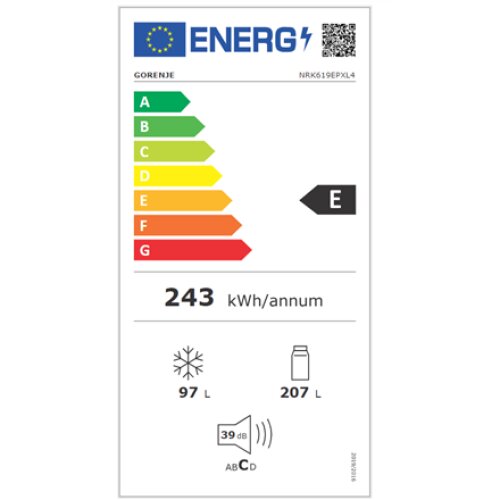 Gorenje , Refrigerator , NRK619EPXL4 , Energy efficiency class E , Free standing , Combi , Height 186 cm , No Frost system , Fridge net capacity 207 L , Freezer net capacity 97 L , Display , 39 dB , Stainless steel