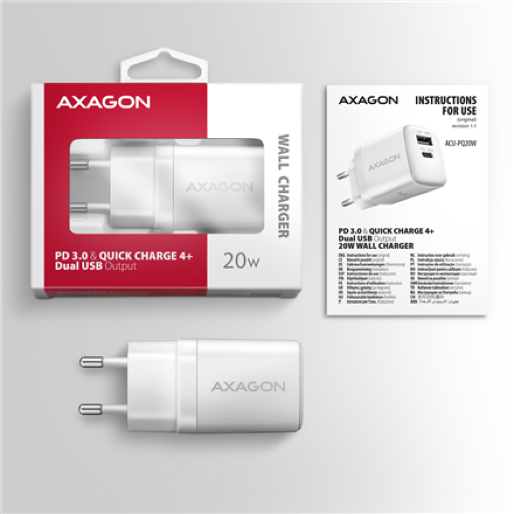 AXAGON Wallcharger 2x port (USB-A + USB-C), 20W , ACU-PQ20W