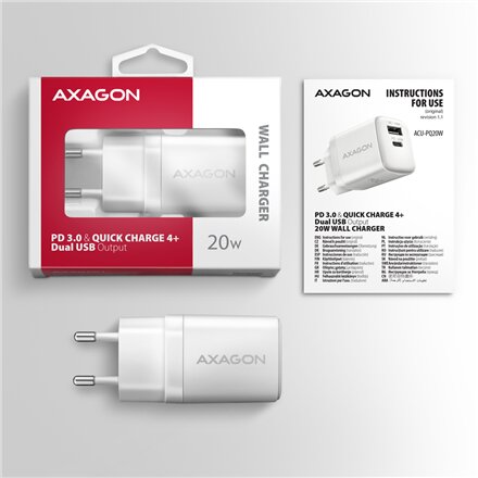 AXAGON Wallcharger 2x port (USB-A + USB-C), 20W , ACU-PQ20W