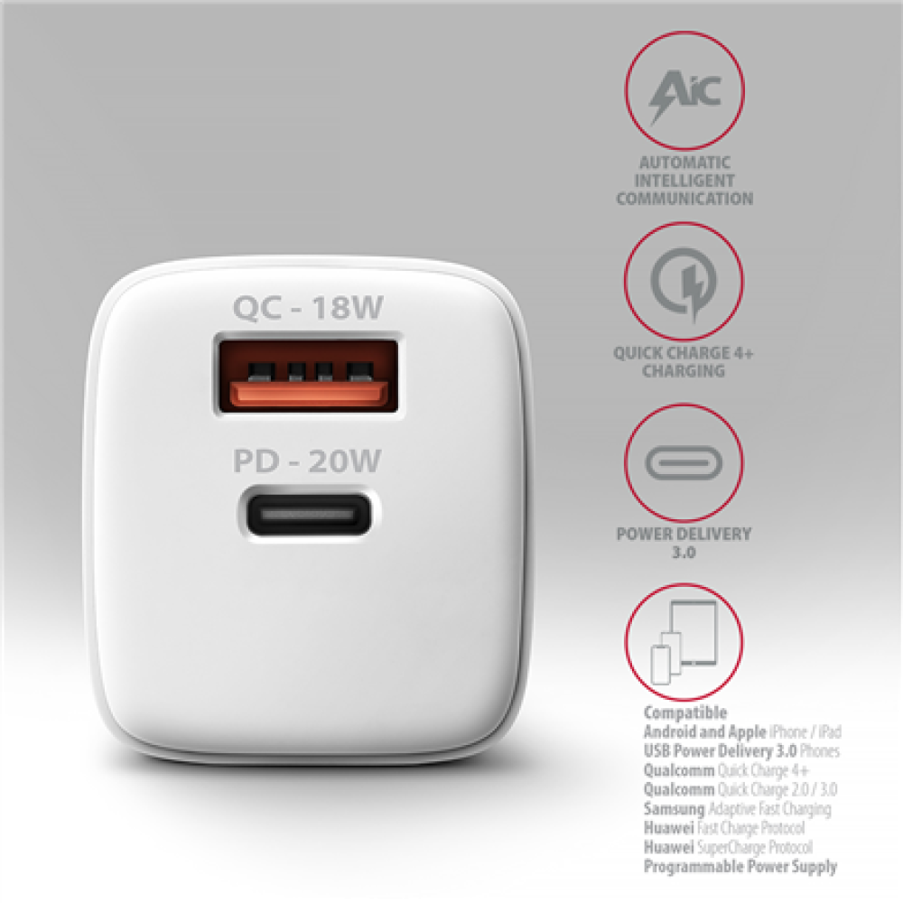 AXAGON Wallcharger 2x port (USB-A + USB-C), 20W , ACU-PQ20W