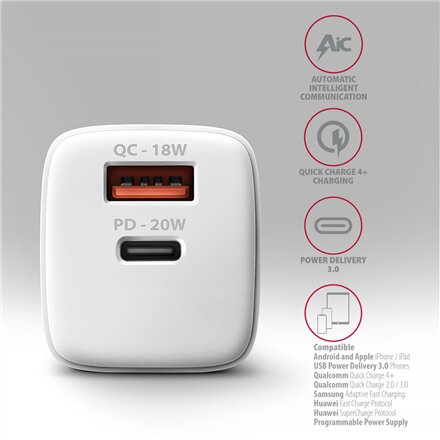AXAGON Wallcharger 2x port (USB-A + USB-C), 20W , ACU-PQ20W