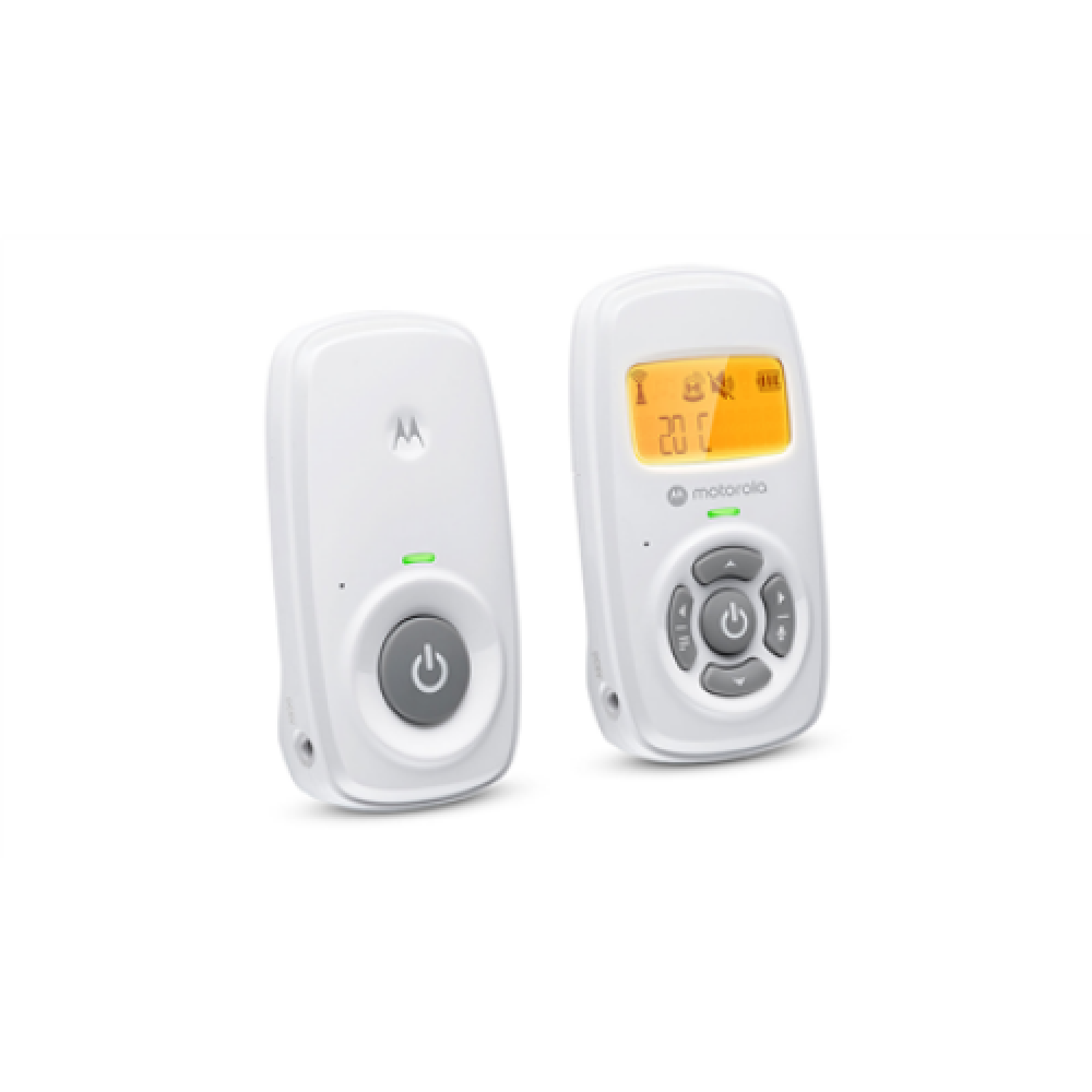 Motorola , Audio Baby Monitor , AM24 , 1.5” LCD black and white display with orange backlight; 1.5” LCD black and white display with orange backlight; Connect one baby unit to two parent units to monitor from different rooms; Rechargeable portable parent 