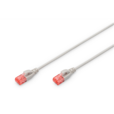 Digitus , Patch cord , CAT 6 U-UTP Slim patch cord , 1.5 m , Grey , Modular RJ45 (8/8) plug , Transparent red coloured connector for easy identification of Category 6 (250 MHz). Inner conductors: Copper (Cu)