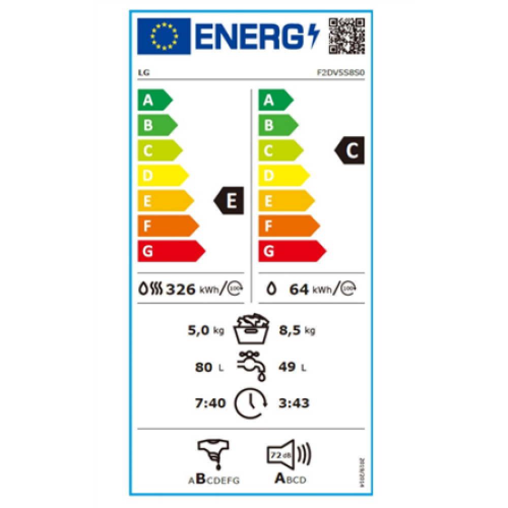LG Washing Machine with Dryer F2DV5S8S0 Energy efficiency class C, Front loading, Washing capacity 8.5 kg, 1200 RPM, Depth 47.5 cm, Width 60 cm, Display, LED, Drying system, Drying capacity 5 kg, Steam function, Direct drive, Wi-Fi, White