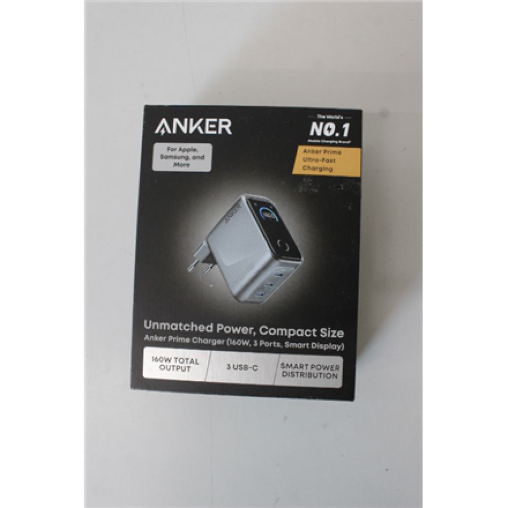 SALE OUT. Anker Prime Charger, 3 Ports, Silver , Anker Prime Charger, 3 Ports, 160W, Silver , UNPACKED, MISSING INNER PACKAGING
