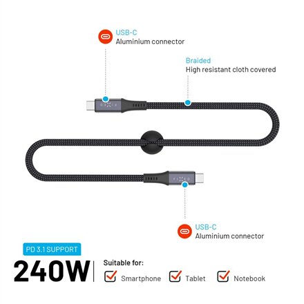 Fixed Braided Cable USB-C/USB-C, 2m, USB4 gen2 20Gbps, 4K 60Hz, 240W , FIXDBP-CC2-GR