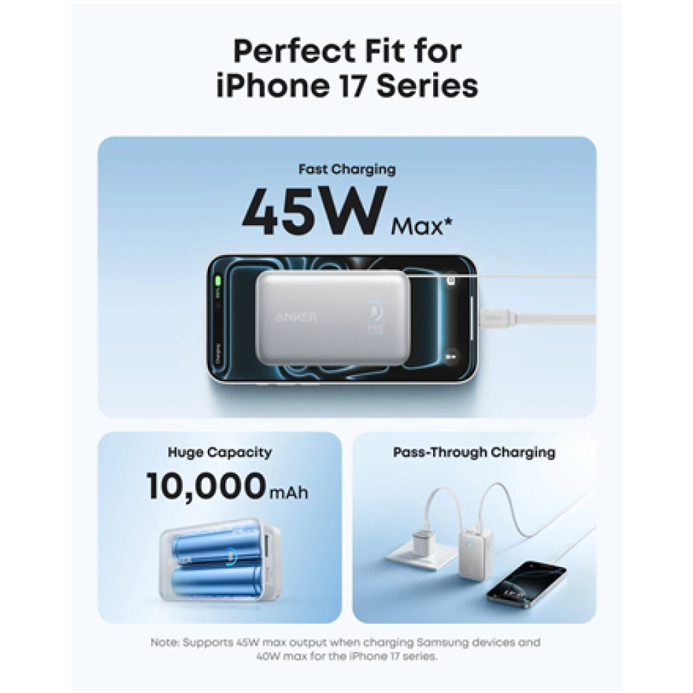 Anker Nano Power Bank 45W with Built-In Retractable USB-C Cable , A1638H21 , 10000 mAh , White