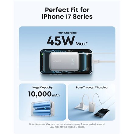 Anker Nano Power Bank 45W with Built-In Retractable USB-C Cable , A1638H21 , 10000 mAh , White