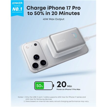 Anker Nano Power Bank 45W with Built-In Retractable USB-C Cable , A1638H21 , 10000 mAh , White