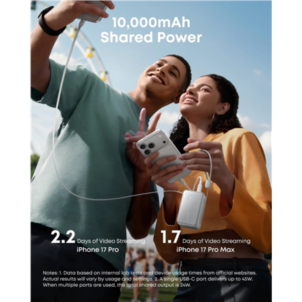 Anker Nano Power Bank 45W with Built-In Retractable USB-C Cable , A1638H21 , 10000 mAh , White