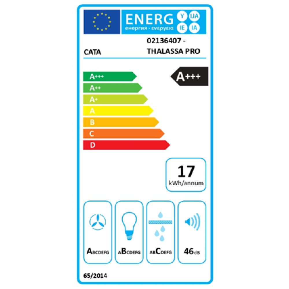 CATA Hood , THALASSA PRO 600 GBK , Wall mounted , Energy efficiency class A+++ , Width 60 cm , 842 m³/h , Electronic , LED , Black Glass