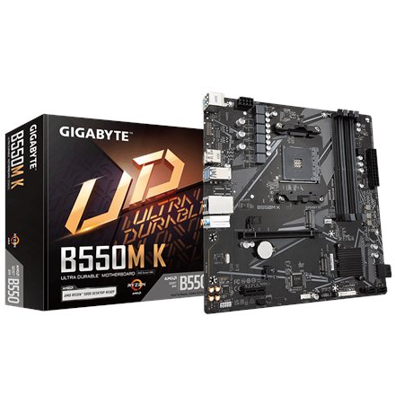 Gigabyte , B550M K 1.0 M/B , Processor family AMD , Processor socket AM4 , DDR4 DIMM , Memory slots 4 , Supported hard disk drive interfaces SATA, M.2 , Number of SATA connectors 4 , Chipset AMD B550 , Micro ATX
