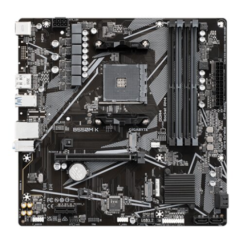 Gigabyte , B550M K 1.0 M/B , Processor family AMD , Processor socket AM4 , DDR4 DIMM , Memory slots 4 , Supported hard disk drive interfaces SATA, M.2 , Number of SATA connectors 4 , Chipset AMD B550 , Micro ATX
