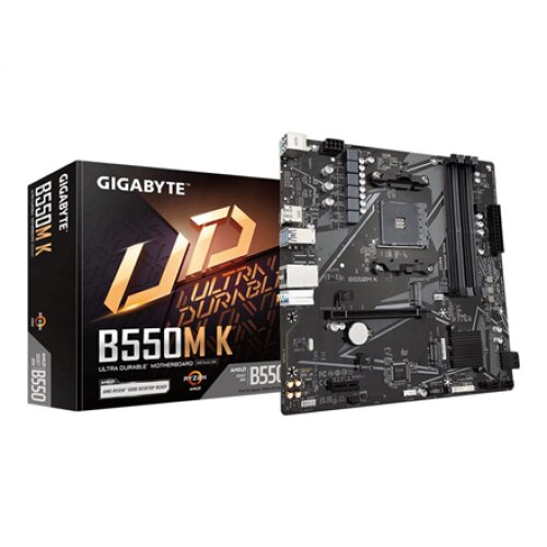 Gigabyte , B550M K 1.0 M/B , Processor family AMD , Processor socket AM4 , DDR4 DIMM , Memory slots 4 , Supported hard disk drive interfaces SATA, M.2 , Number of SATA connectors 4 , Chipset AMD B550 , Micro ATX