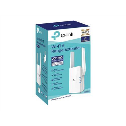 TP-LINK , Extender , RE505X , 802.11ax , 2.4GHz/5GHz , 300+1200 Mbit/s , 10/100/1000 Mbit/s , Ethernet LAN (RJ-45) ports 1 , MU-MiMO No , no PoE , Antenna type 2xExternal