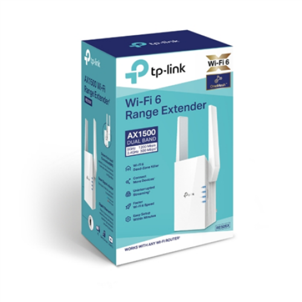 TP-LINK , Extender , RE505X , 802.11ax , 2.4GHz/5GHz , 300+1200 Mbit/s , 10/100/1000 Mbit/s , Ethernet LAN (RJ-45) ports 1 , MU-MiMO No , no PoE , Antenna type 2xExternal