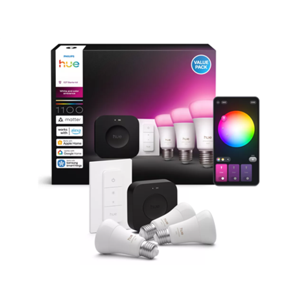 Philips Hue Starter set: 3 smart E27 bulbs, dimmer switch, Hue Bridge Pro , E27 , White and colored light