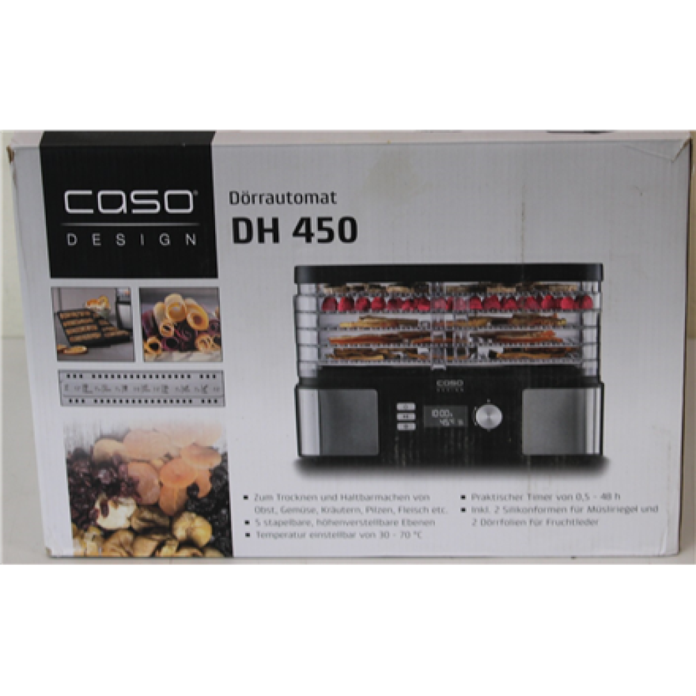 SALE OUT. Caso Food Dehydrator , DH 450 , Power 370-450 W , Number of trays 5 , Temperature control , Integrated timer , Black/Stainless Steel , DAMAGED PACKAGING, SCRATCHED AND DENT ITEM TOP, MISSING INNER PACKAGING