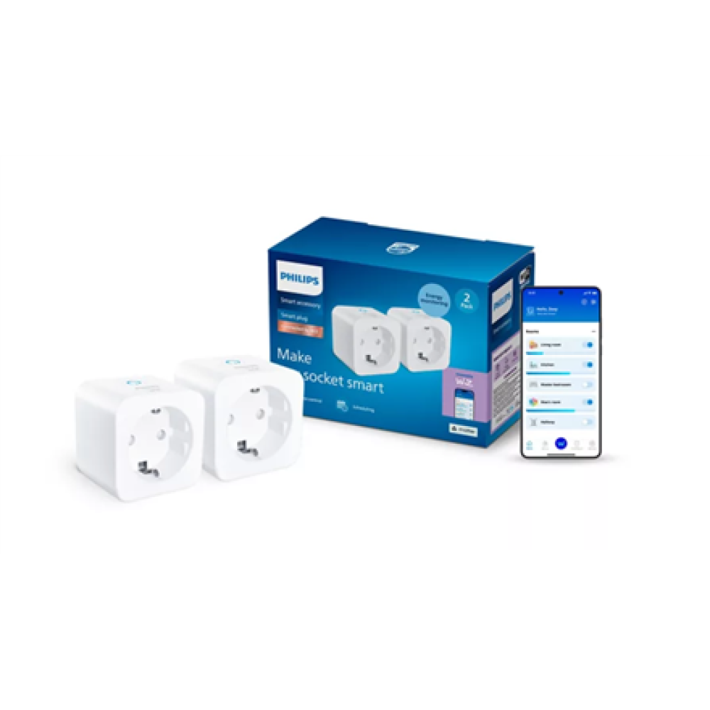 Philips Smart Smart Plug Matter Type F, Power Meter, 2-pack , White