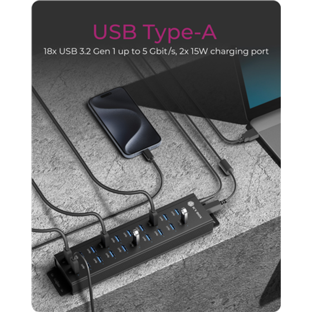 Raidsonic , 20-in-1 USB HUB with power supply, on/off button and mounting brackets , IB-HUB1720-U3
