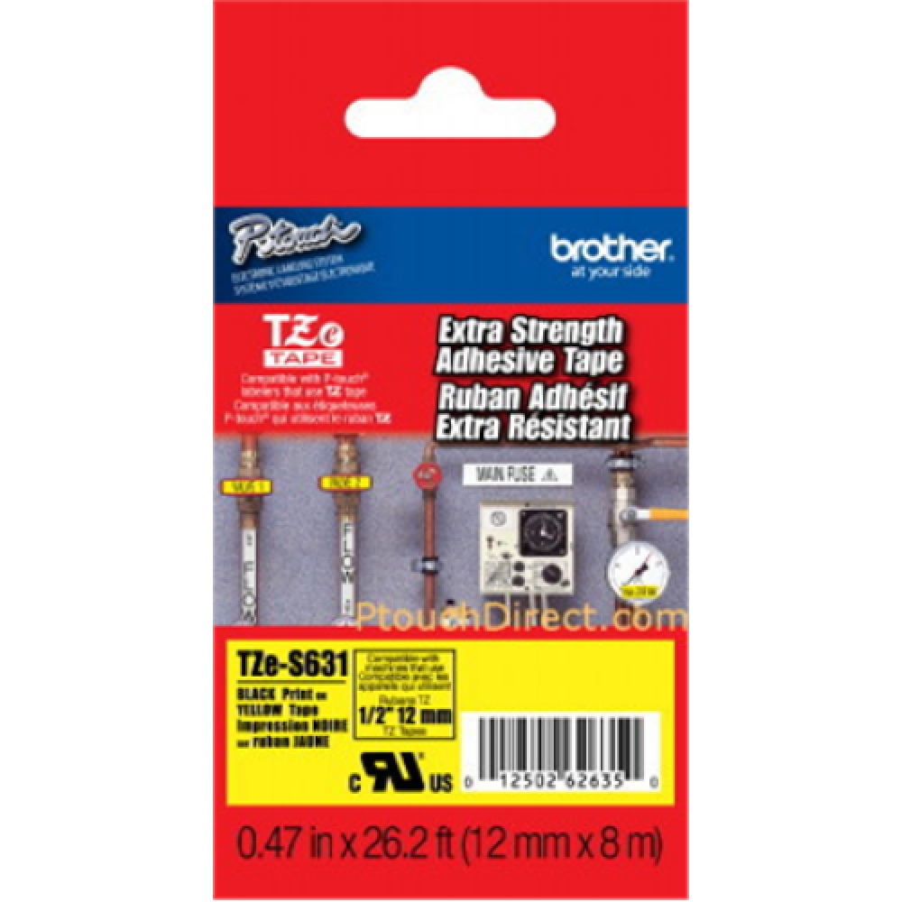 Brother , TZe-S631 Strong Adhesive Laminated Tape , Black on Yellow , TZe , 8 m , 1.2 cm