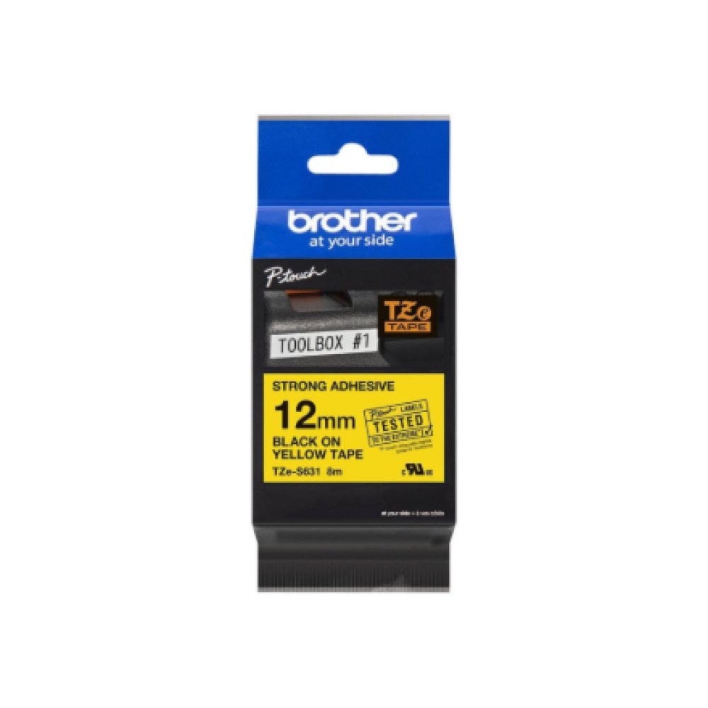 Brother , TZe-S631 Strong Adhesive Laminated Tape , Black on Yellow , TZe , 8 m , 1.2 cm