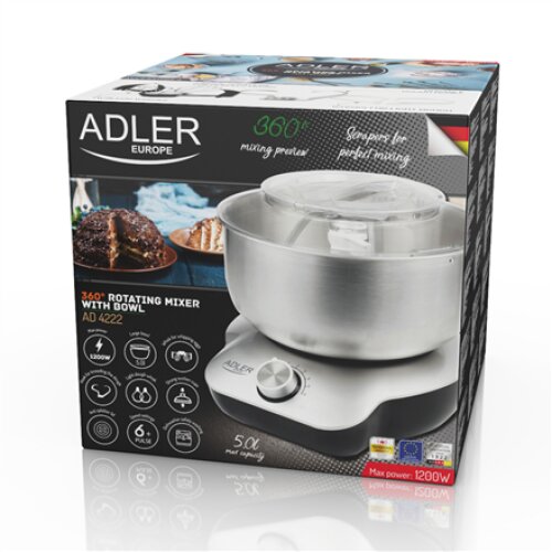Adler 360° rotating mixer with bowl AD 4222 Mixer with bowl, 650 W, Number of speeds 6, 360° rotational base, Silver