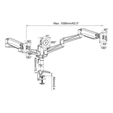 Digitus Desk Mount , Triple Monitor Gas Spring Mount DA-90363 , Adjustable Height, Tilt, Swivel , 15-27 , Maximum weight (capacity) 3x6 kg , Silver