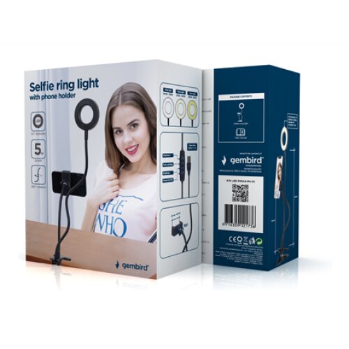 Gembird Selfie ring light with phone holder , Gembird , Selfie ring light with phone holder , LED-RING4-PH-01 , ABS + metal , LED ring diameter: 3.5. Flexible arms for both phone holder & selfie ring. Practical buttons to change light intensity, color
