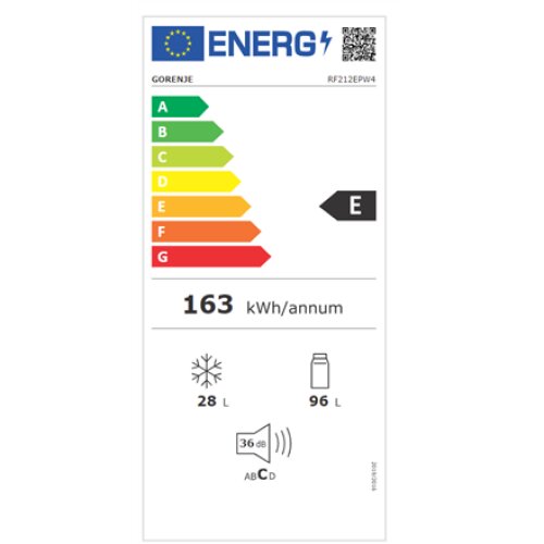Gorenje , Refrigerator , RF212EPW4 , Energy efficiency class E , Free standing , Double Door , Height 117 cm , Fridge net capacity 96 L , Freezer net capacity 28 L , 36 dB , White