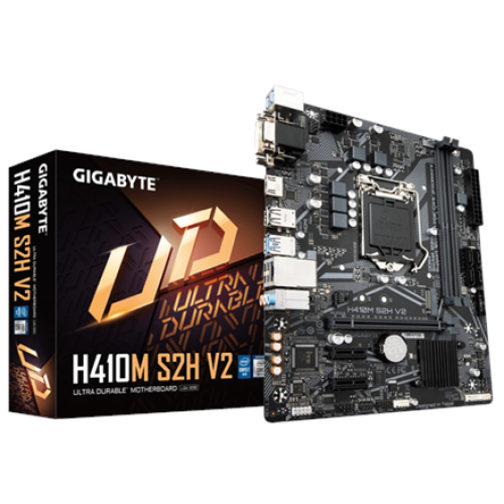Gigabyte , H410M S2H V2 1.0 M/B , Processor family Intel , Processor socket LGA1200 , DDR4 DIMM , Memory slots 2 , Supported hard disk drive interfaces SATA, M.2 , Number of SATA connectors 4 , Chipset Intel H , Micro ATX