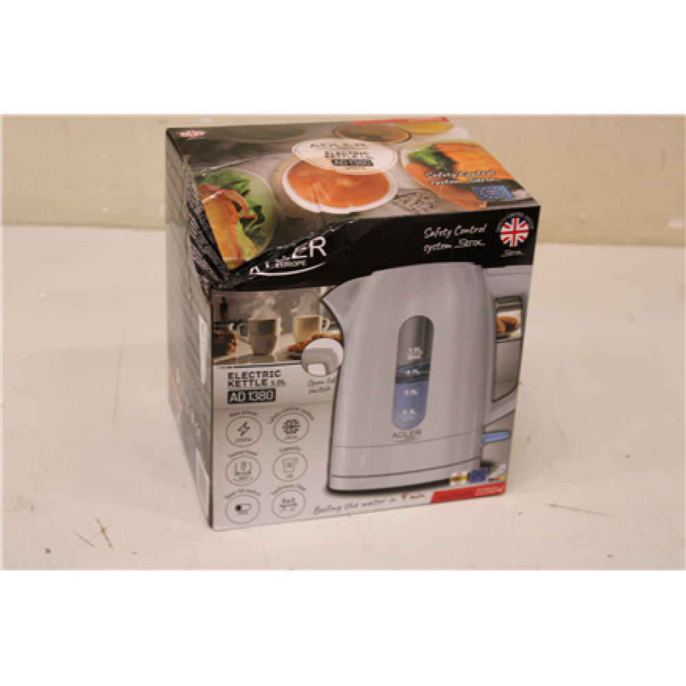 SALE OUT. Adler AD 1380w Electric kettle, Plastic, 1 L, White , Adler Kettle , AD 1380w , Electric , 2200 W , 1 L , Polypropylene , 360° rotational base , White , DAMAGED PACKAGING