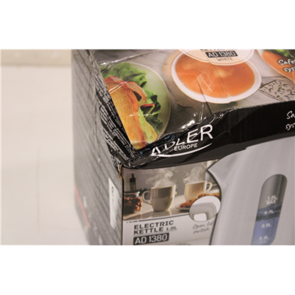 SALE OUT. Adler AD 1380w Electric kettle, Plastic, 1 L, White , Adler Kettle , AD 1380w , Electric , 2200 W , 1 L , Polypropylene , 360° rotational base , White , DAMAGED PACKAGING