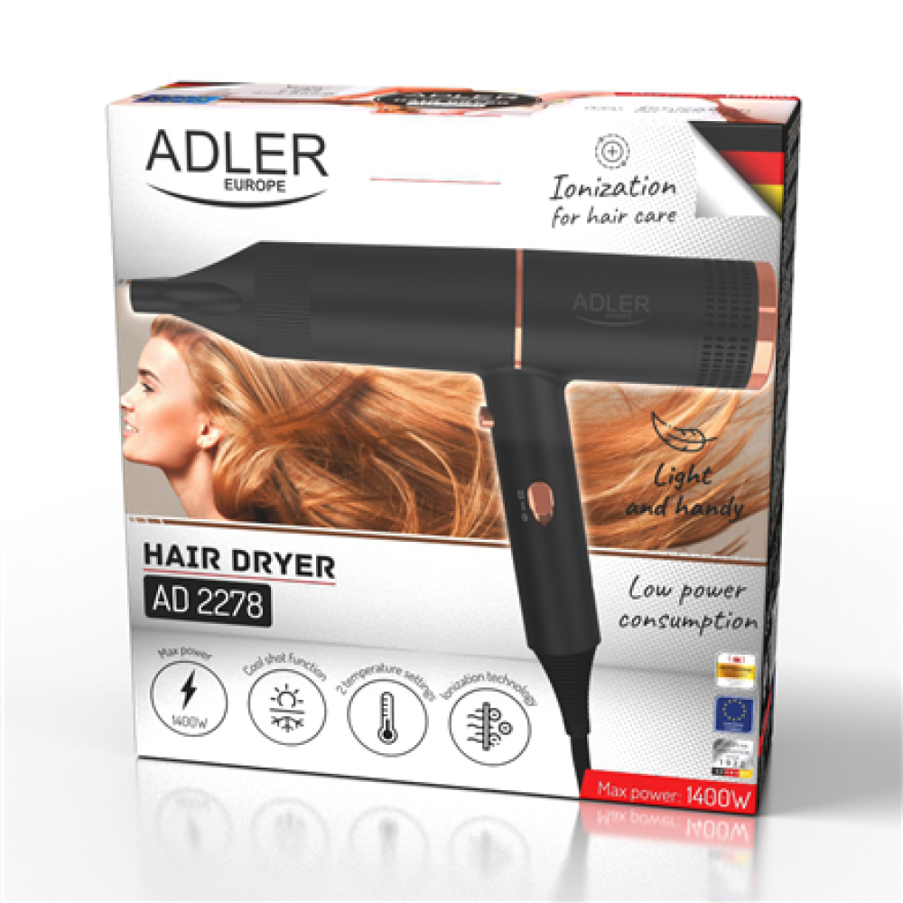 Adler Hair Dryer , AD 2278 , 1400 W , Number of temperature settings 2 , Ionic function , Black