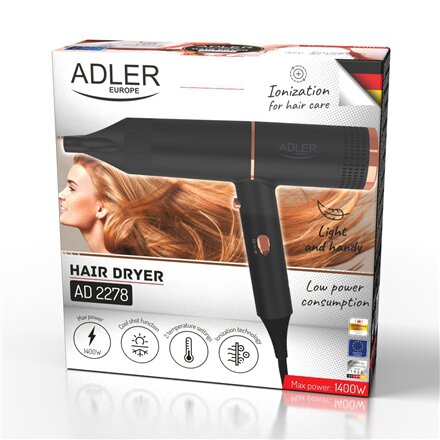 Adler Hair Dryer , AD 2278 , 1400 W , Number of temperature settings 2 , Ionic function , Black