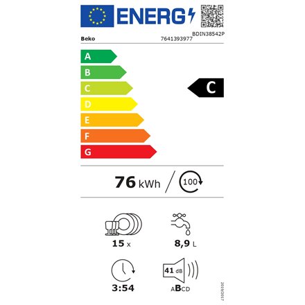 BEKO Dishwasher , BDIN38542P , Built-in , Width 60 cm , Number of place settings 15 , Number of programs 8 , Energy efficiency class C , Display , AquaStop function , White