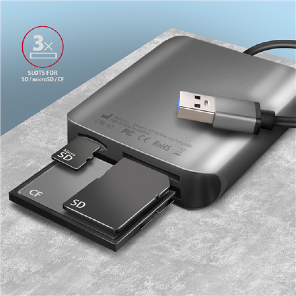 AXAGON Aluminum high-speed USB-A 3.2 Gen 1 memory card reader, 3 slots , CRE-S3