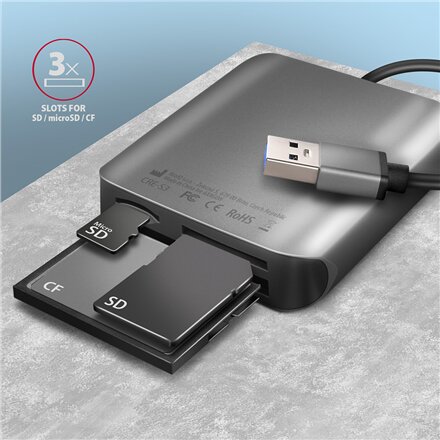 AXAGON Aluminum high-speed USB-A 3.2 Gen 1 memory card reader, 3 slots , CRE-S3