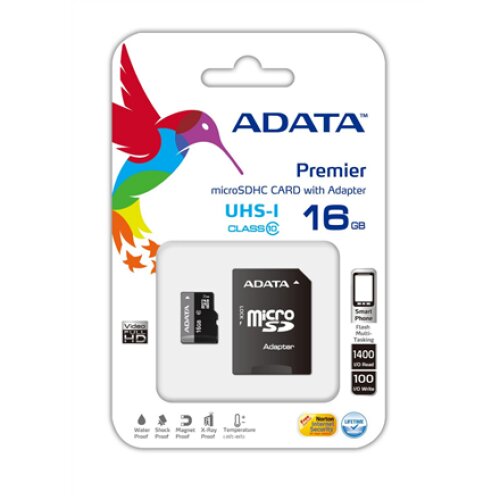 ADATA , Premier UHS-I , 16 GB , MicroSDHC , Flash memory class 10 , SD adapter