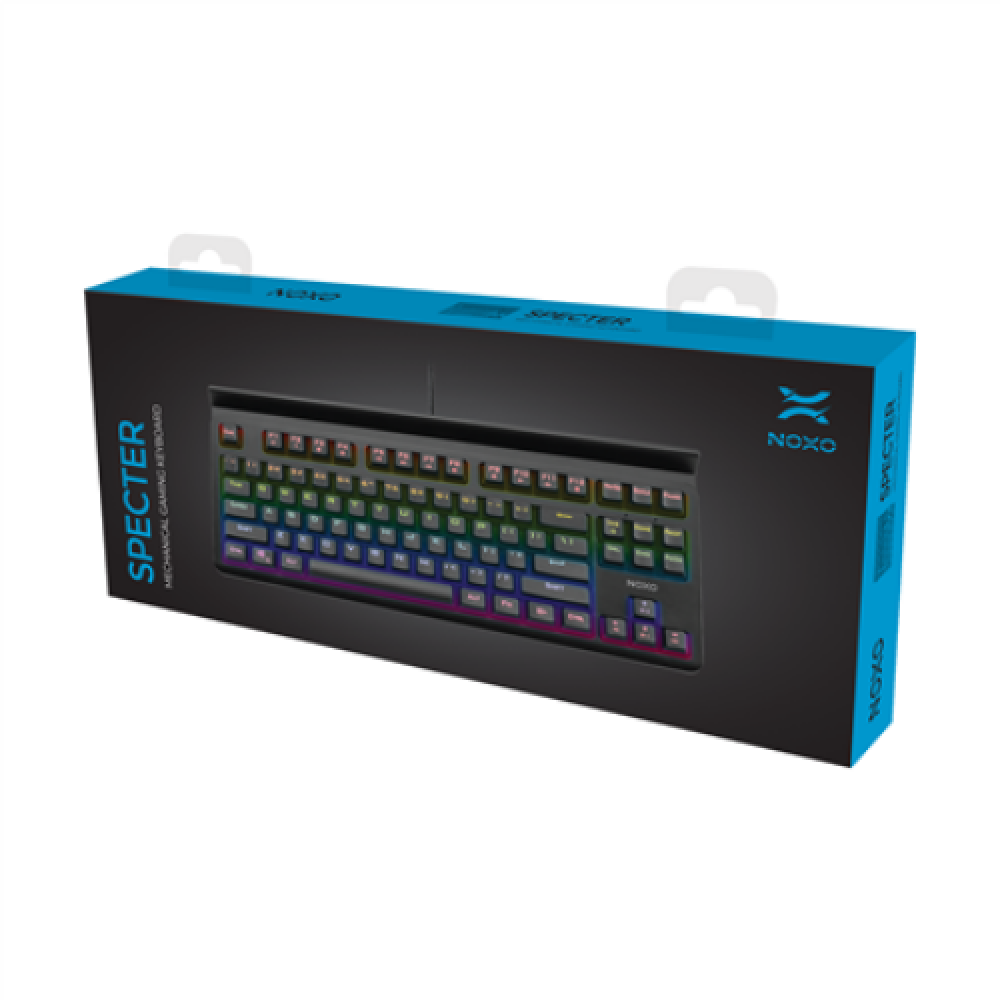 NOXO Specter Gaming keyboard Mechanical Mechanical switches with noticeable tactile and audible feedback; Individually backlit keys with dynamic lighting effects and rainbow illumination; Compact design maximizes desktop space for mouse movement; Long las