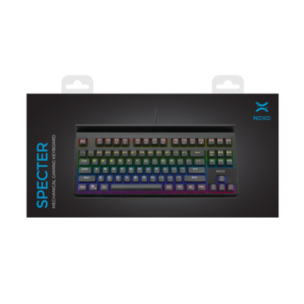 NOXO Specter Gaming keyboard Mechanical Mechanical switches with noticeable tactile and audible feedback; Individually backlit keys with dynamic lighting effects and rainbow illumination; Compact design maximizes desktop space for mouse movement; Long las