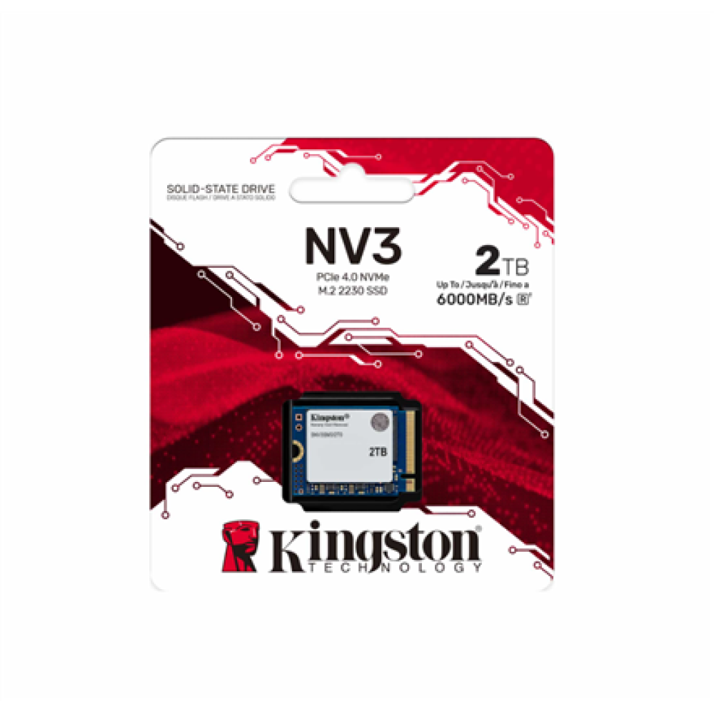 Kingston SSD , NV3 , 2000 GB , SSD form factor M.2 2230 , Solid-state drive interface PCIe 4.0 x4 NVMe , Read speed 6000 MB/s , Write speed 5000 MB/s