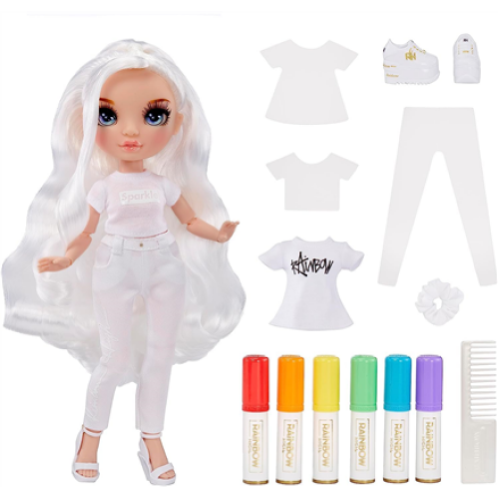 RAINBOW HIGH Custom Fashion Doll, 30 cm 501077 With the included rainbow washable markers, you can color hair, color outfits, color shoes and color curls; You can even create easy custom designs – hearts, rainbows, stripes, whatever you can imagine; The c