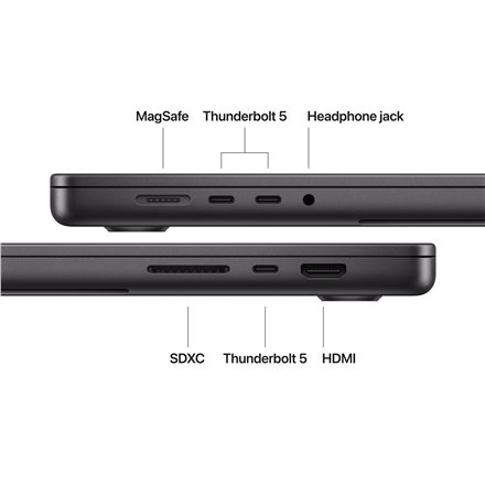 Apple , MacBook , Pro , Space Black , 16.2 , 3456 x 2234 pixels , Apple M5 Pro , 48 GB , Solid-state drive capacity 1000 GB , Apple M5 Pro chip 18-core CPU/20-core GPU , macOS , Bluetooth version 6 , Keyboard language Russian , Keyboard backlit