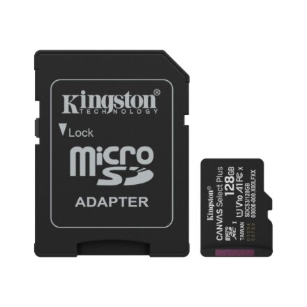 Kingston Canvas Select Plus , 128 GB , microSD , Flash memory class Class 10, UHS-I, U1/U3, video class 10/30, A1