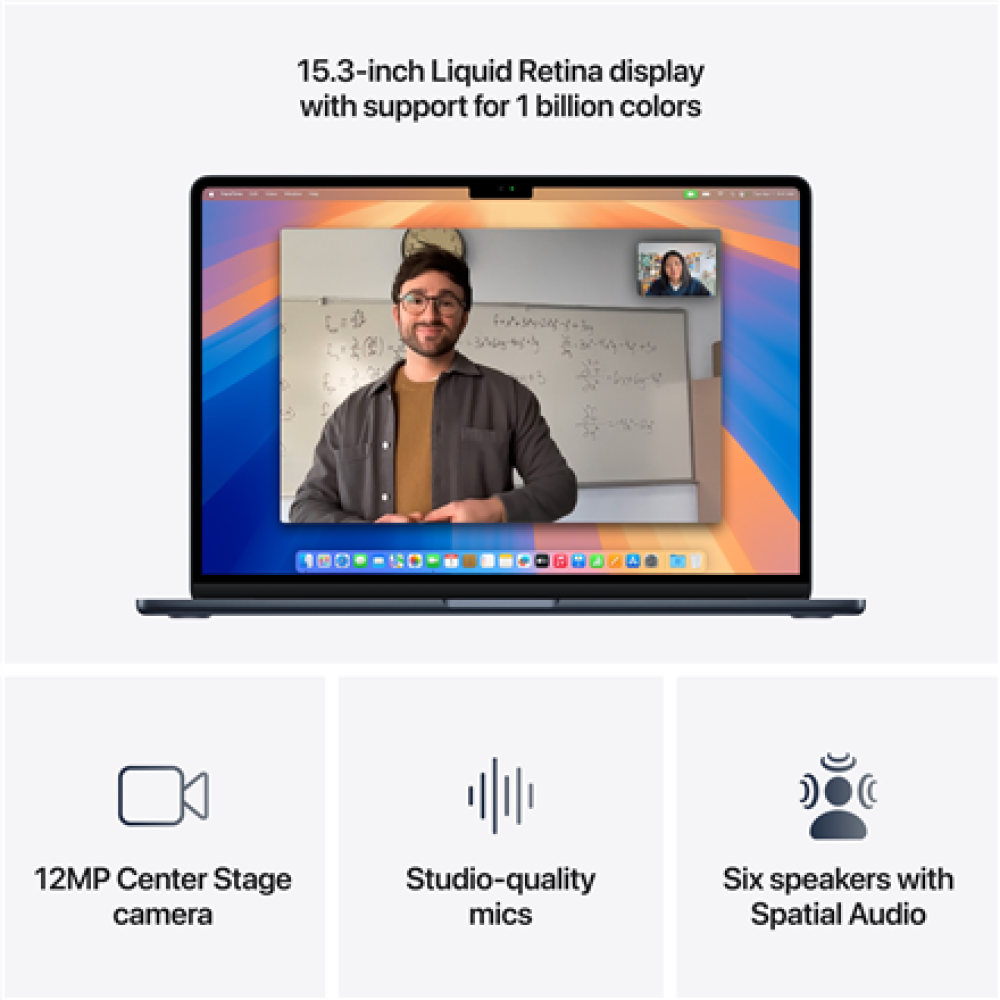 Apple MacBook , Air , Midnight , 15 , 2880 x 1864 pixels , Apple M4 , 16 GB , Solid-state drive capacity 256 GB , Apple M4 chip 10-core CPU/10-core GPU , macOS , 802.11ax , Bluetooth version 5.0 , Keyboard language Russian , Keyboard backlit , Warranty 12